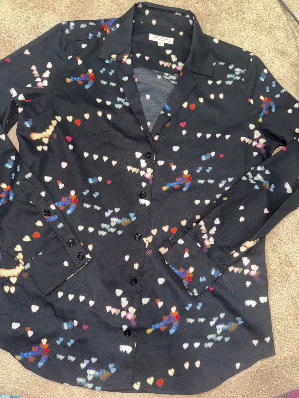 Equipment Black Button-Down Shirt with Multicolor Heart Print